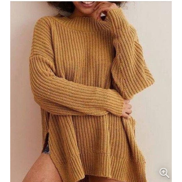 AERIE Oversized Chunky Golden Mustard Yellow Chenille Cozy Mock Neck Sweater S - Picture 1 of 13